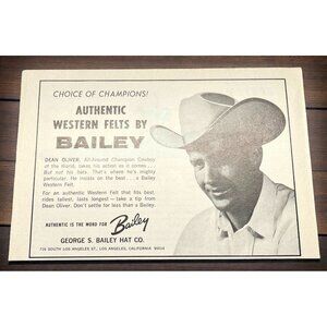George S Bailey Hat Co Vtg Print Ad 1960s Dean Bailey Rodeo Star Western Felts